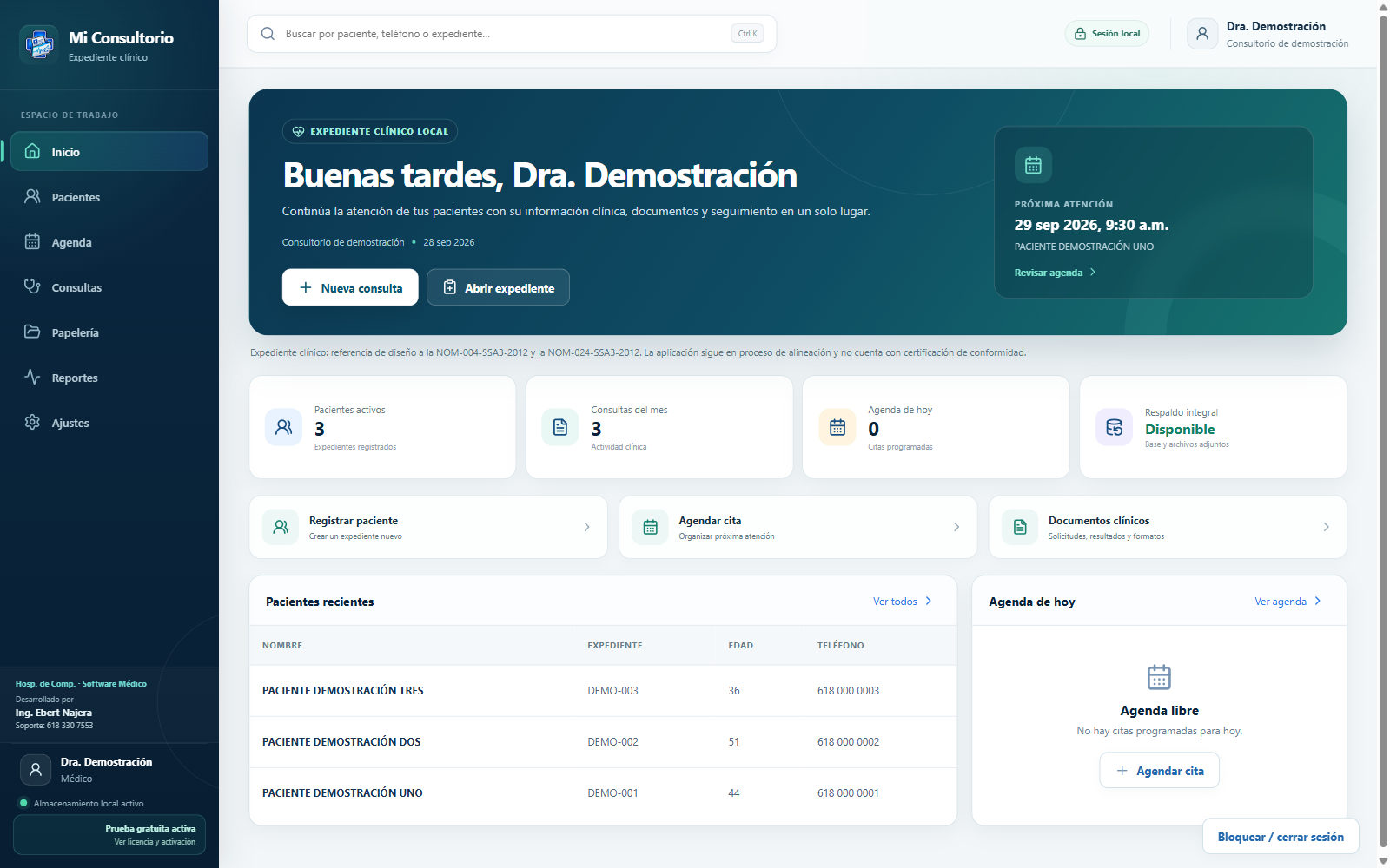 Pantalla de inicio real de MiConsultorio con datos ficticios