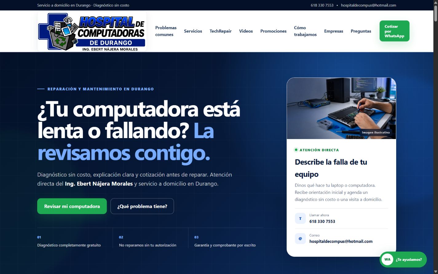 Página de Hospital de Computadoras mostrada en una computadora