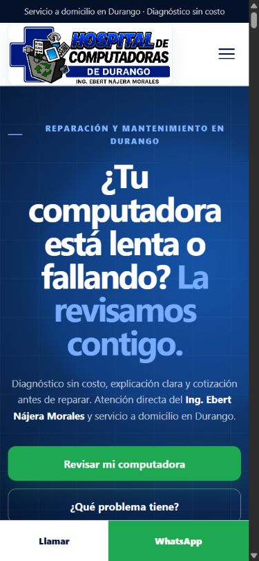 Página de Hospital de Computadoras de Durango en celular