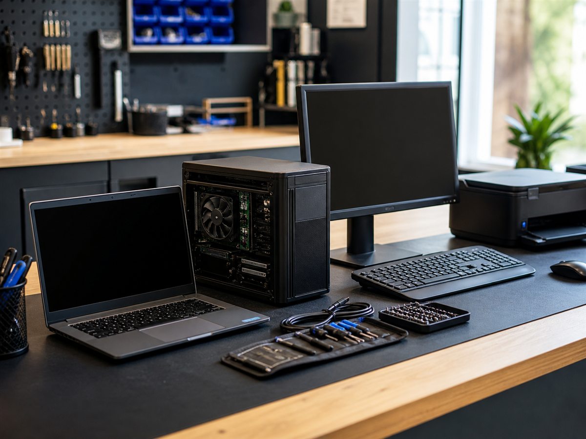 Computadora, laptop, monitor e impresora en un taller técnico