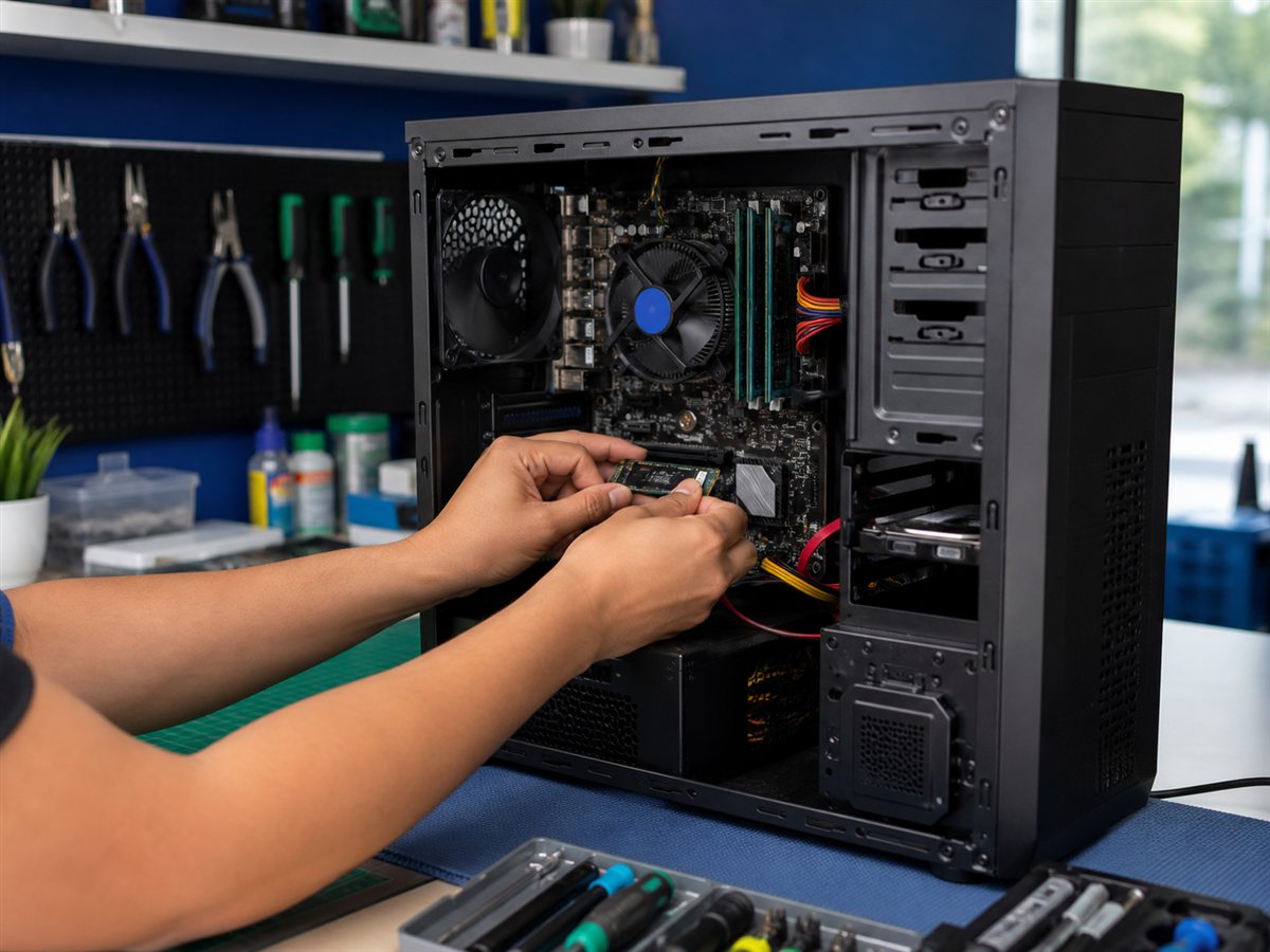 Ensamble de una computadora de escritorio en un banco de trabajo