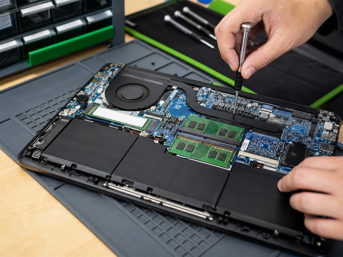 Laptop abierta durante un mantenimiento interno