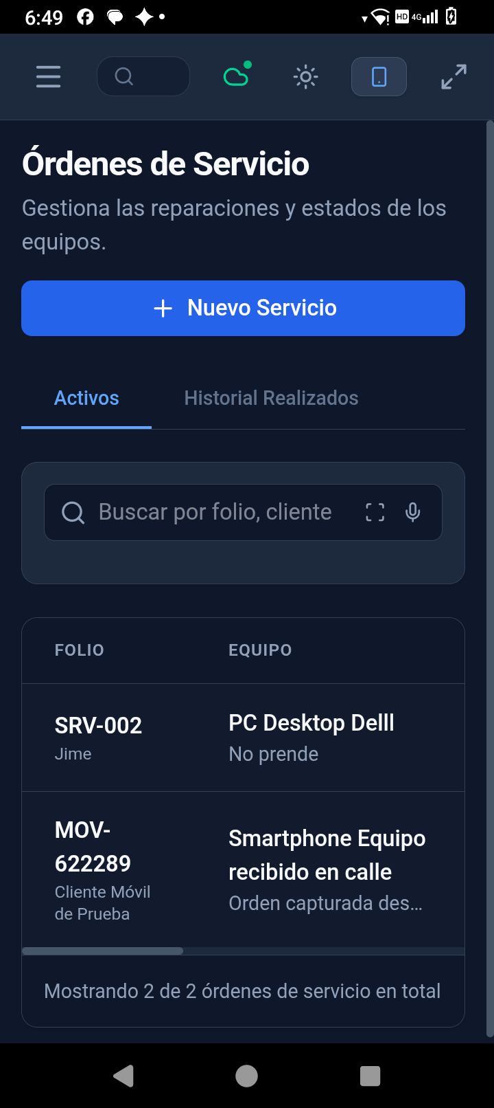 Órdenes de servicio de TechRepair Pro en Android con datos de demostración